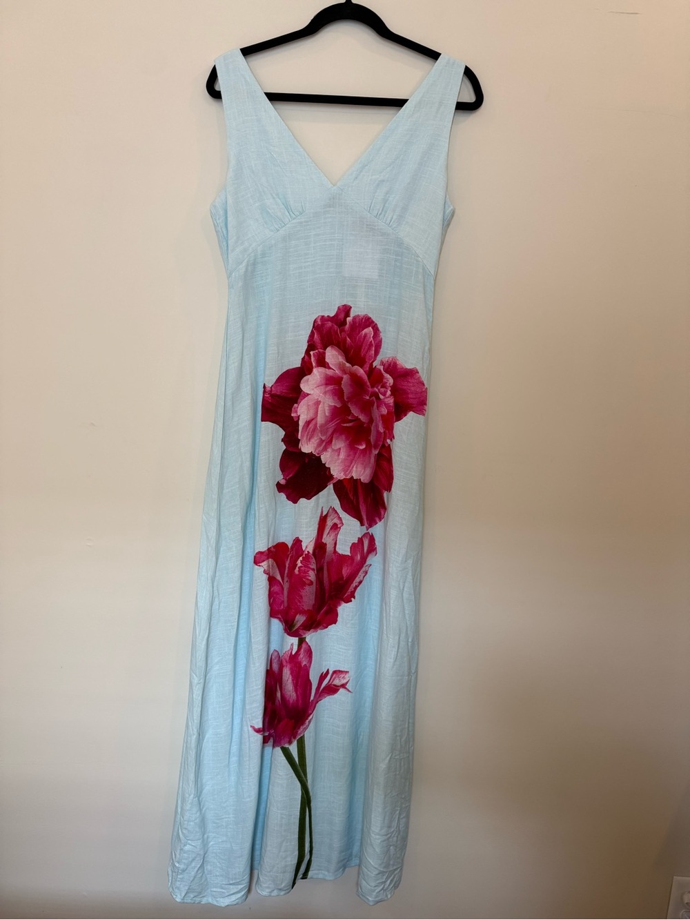 Light Blue V-Neck Maxi Dress with Pink Floral Motif